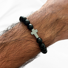 Load image into Gallery viewer, Present Realm Men's Cross Bracelet | Stainless Steel & Black Onyx Beads