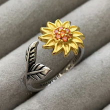 Load image into Gallery viewer, Adjustable silver engraved fidget ring for women with sunflower design for anxiety relief and stress management
