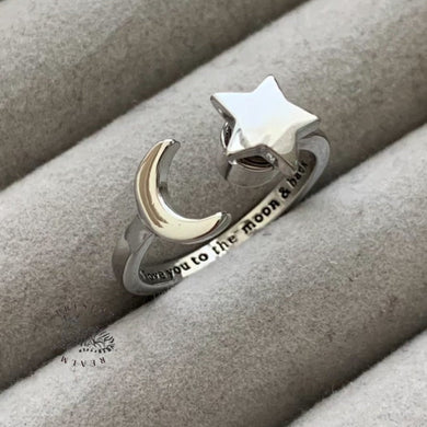 Adjustable engraved silver fidget ring for women with moon and star design for anxiety relief and stress management